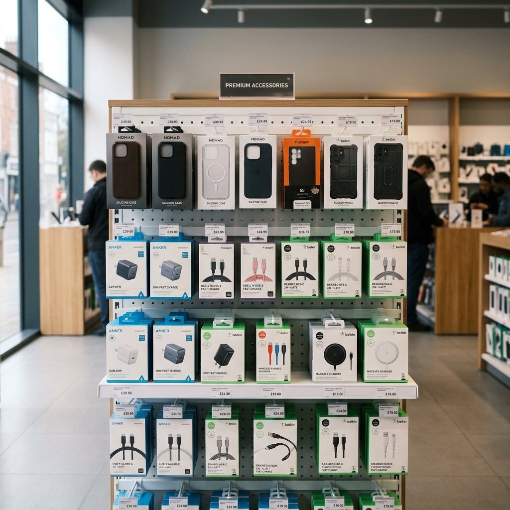 Phone accessories including cables and chargers on display