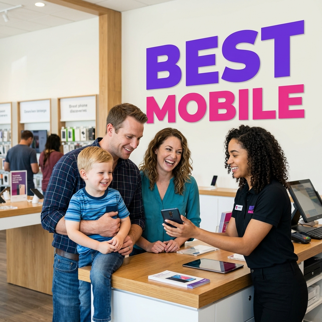 Happy family buying a mobile phone
