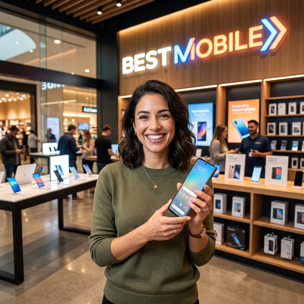 Happy customer with brand new mobile phone
