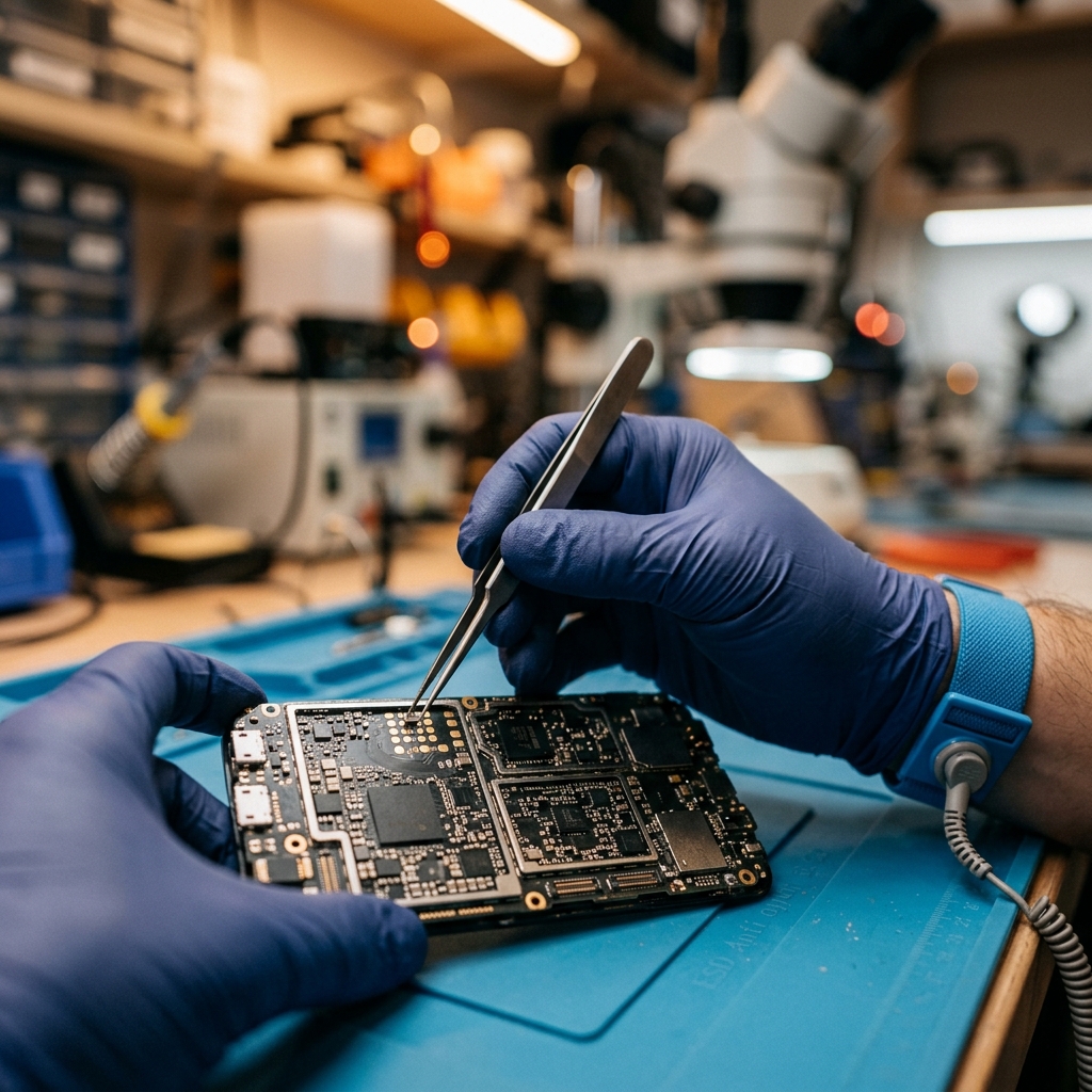 Technician repairing a phone circuit board