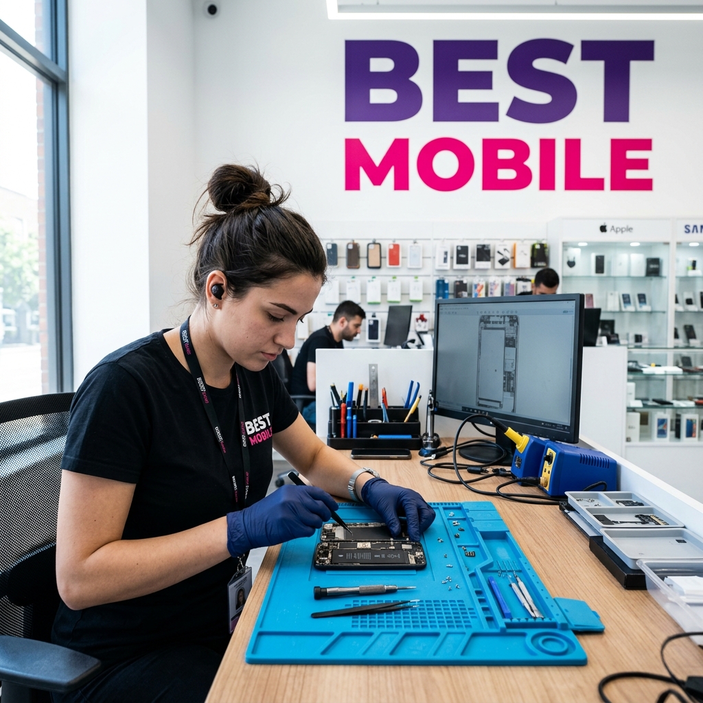 Professional technician repairing a mobile phone