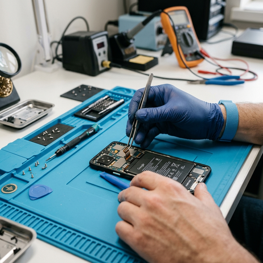 Specialist repairing a smartphone with precision tools